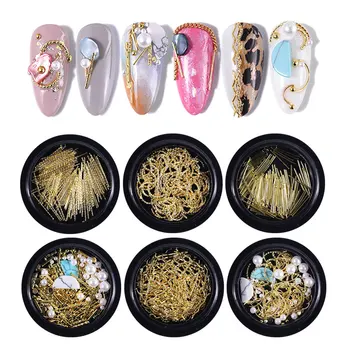 

1 Box Gold Matellic Nail Art Decorations Mixed 3D Pearls Bend Metal Studs Nail Rivets Shell Flakes Charm UV Manicure Accessories