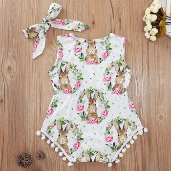 

Newborn Baby Girls Clothes Rabbit Wreath Print Easter Jumpsuit Bodysuit Hair Band