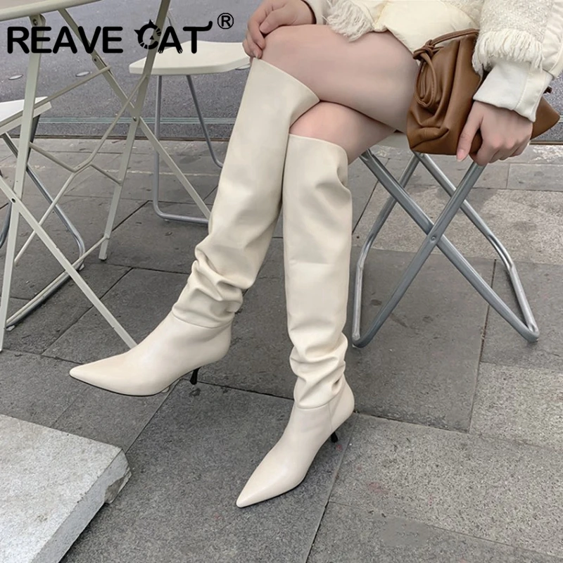 REAVE CAT New 2021 Ladies Women Knee Boots Pointed Toe 7cm Stiletto Heels Genuine Leather Soft Sexy Size 33-43 Winter A3441 | Обувь