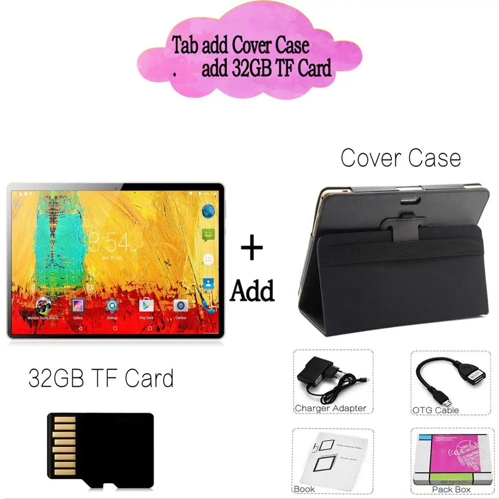 Tab cover 32GB Card Новинка,, 10,1 дюймов, планшетный ПК, четыре ядра, 3G, телефонные звонки, 10,1, планшеты, 4G+ 64G, Android 7,0, tab, Google market, gps, WiFi, FM, Bluetooth - Комплект: Tab cover 32GB Card