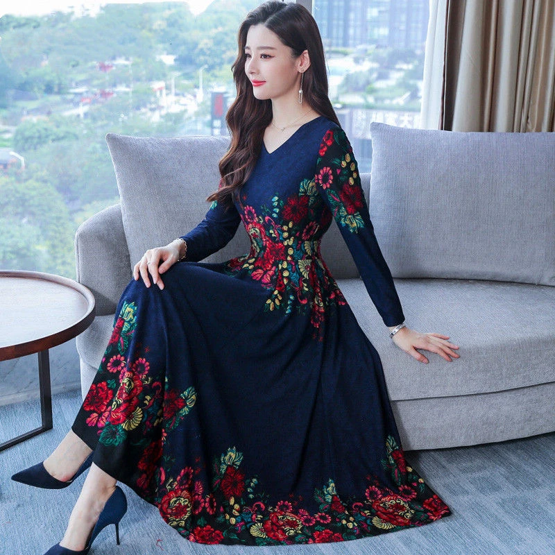 Женское платье с длинным рукавом и цветочным принтом элегантное облегающее