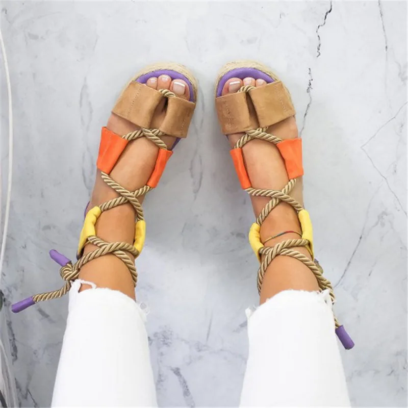 

Summer Sandals Women Color Open Toe Sandals Fish Mouth Platform Weaving Ladies Toe Hemp Strap Lace Up Shoes