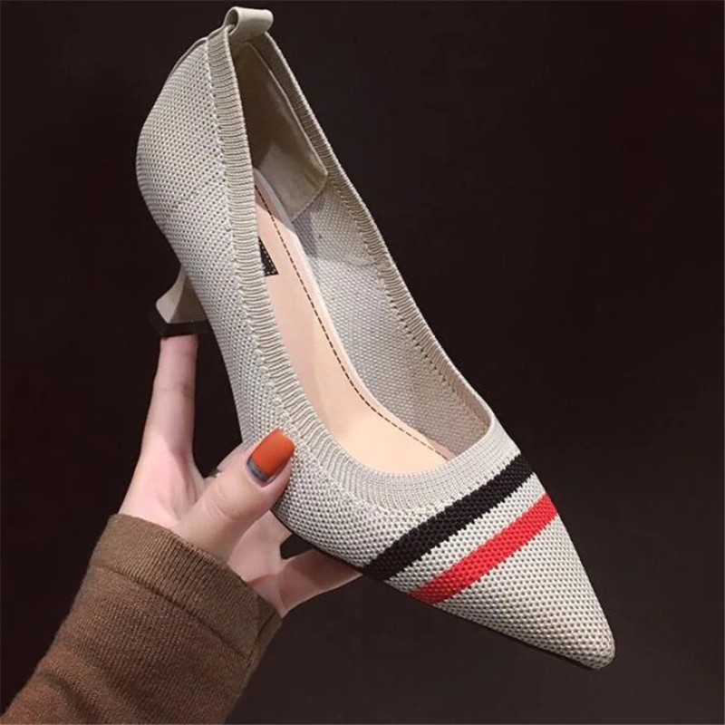 

Women's shoes 2020 new spring summer pointed knitting color blocking women thin heel high heels woman Pumps shallow fashion shoe