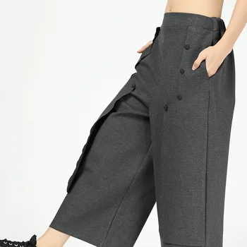 

LANMREM 2020 Women Fashion Autumn Spring Elastic Waist Symmetric Buttons Irregular Straight Pants Female Loose Trousers TA803