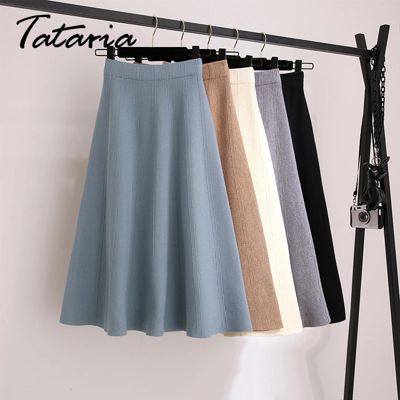 Tataria/теплые шерстяные юбки с высокой талией для женщин; сезон осень-зима; вязаные юбки; Женская Повседневная плиссированная юбка средней длины; женская школьная юбка