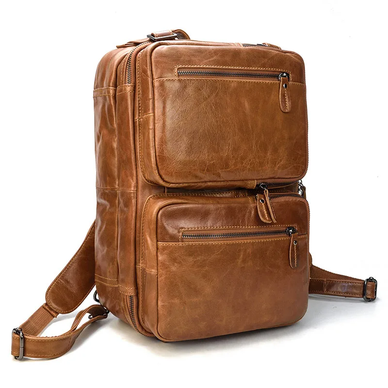 Мужской рюкзак из натуральной кожи для ноутбука 1" PC crazy horse, кожаная деловая сумка, 2 использования, коровья кожа, сумки через плечо, 3 слоя, рабочая сумка - Цвет: Brown1
