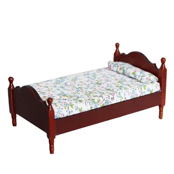 

1PC 1:12 Wooden Single Bed Bedroom Furniture Epitome Pocket Bed Miniature Kids DIY Accessory for Children Dark Brown