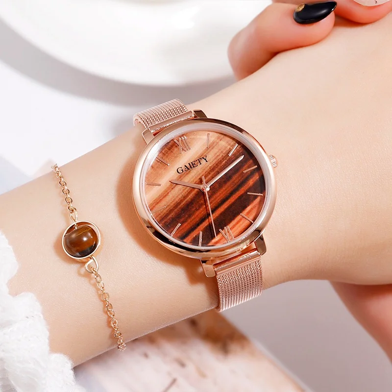 Производства марки gaiety люксовый цвета розового золота браслет часы представительского класса для Для женщин модные малахитовый зеленый циферблат сетки Сталь ремешок для девочек часы - Цвет: Brown Bracelet Set