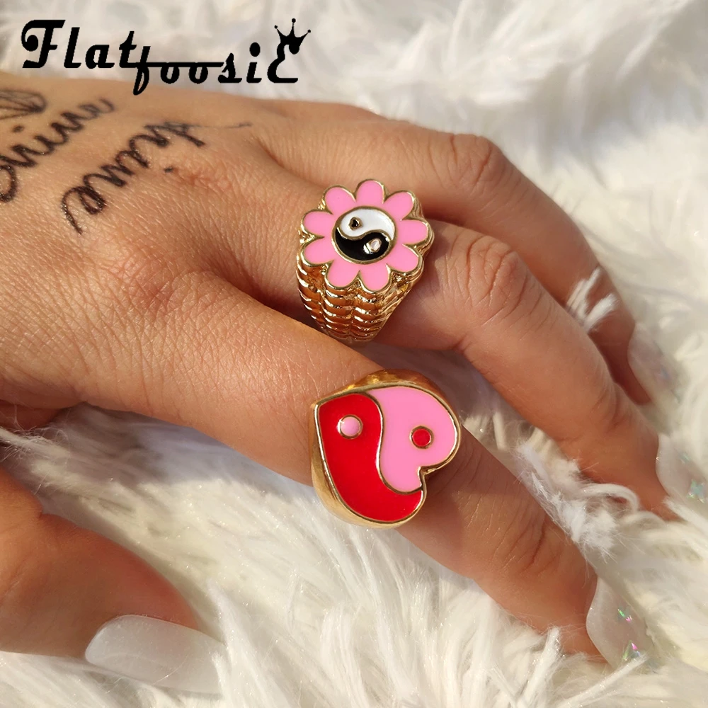 Flatfoosie de moda nuevo amor corazón Yin Yang anillos para las mujeres oro esmalte Color plata flores Smiley cara par regalo de la joyería