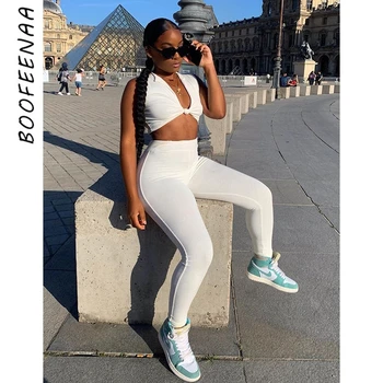 

BOOFEENAA Cross Deep V Crop Top and Pants Leggings Two Piece Set Tracksuit White Black Sports Fitness Outfits 2020 C87-CZ28