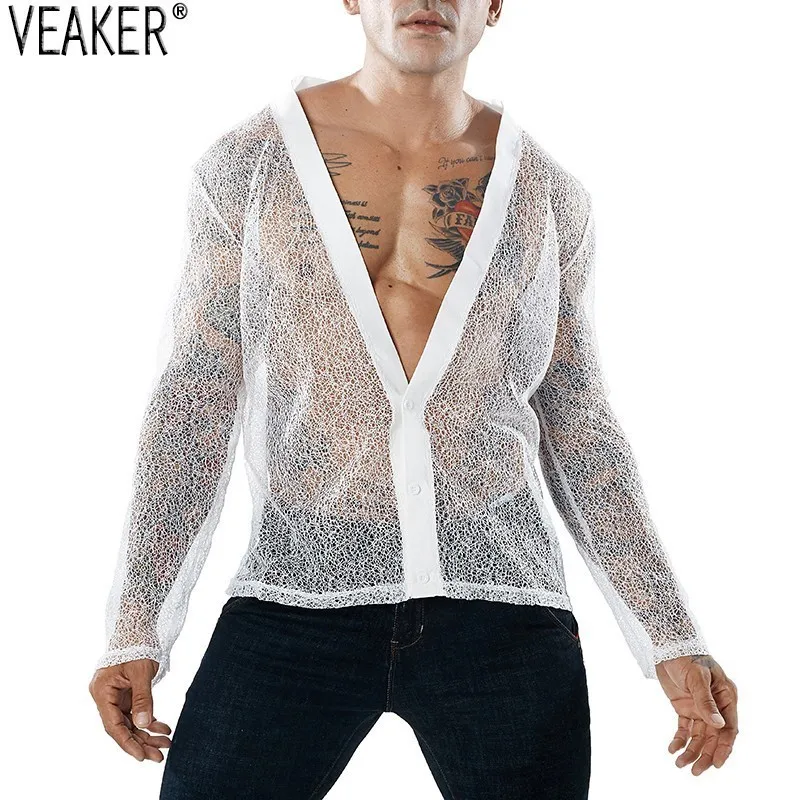 Herfst Nieuwe mannen Mesh Transparante Футболка Мужская сексуальная Diepe V hals Slim Fit футболки Wit Zwart lange