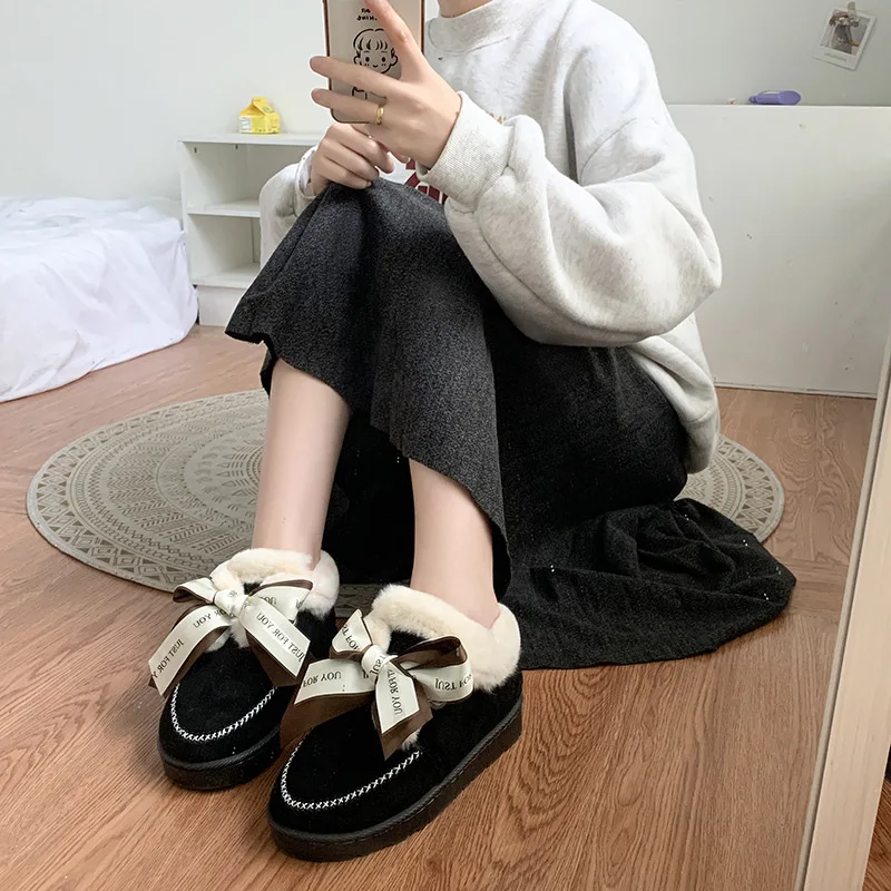 

Casual Snow Boots Lace-Up Ankle Round Toe Low (1cm-3cm) Flat with Winter Solid Butterfly-knot Keep warm Plus velvet Thick bottom