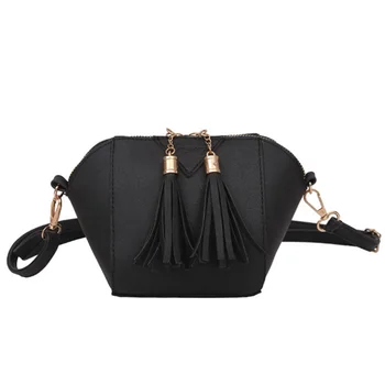 

New Shell small packet tassel fashion Women bag Simple solid color Imitation Leather retro shoulder bag croosbody bag