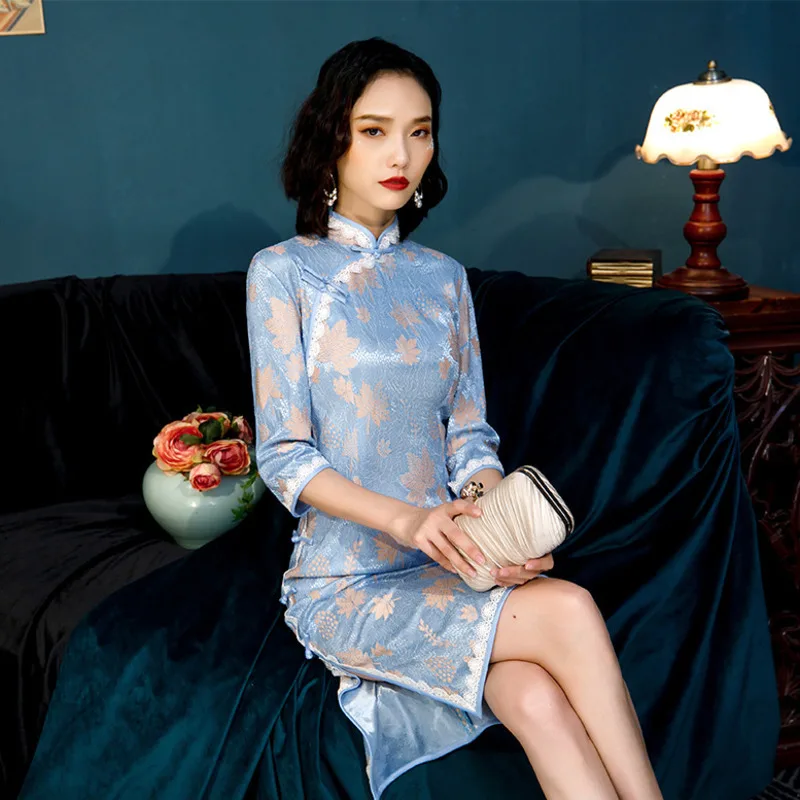 Sheng Coco синие кружевные вечерние платья Cheongsam китайские таможни длиной до колена Qipao вечерние платья женские осенние Vestido кружевные ткани