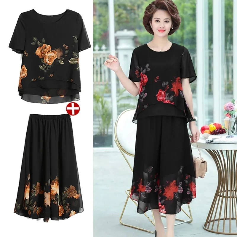 Fashion Mother Summer Chiffon Print Top Skirt Pants Suit Short-Sleeved Middle-Aged and Elderly Women Two-Piece Sets Women 5XL middle aged and elderly women s mother cotton padded jacket loose short coat winter grandma warm printed cotton padded jacket