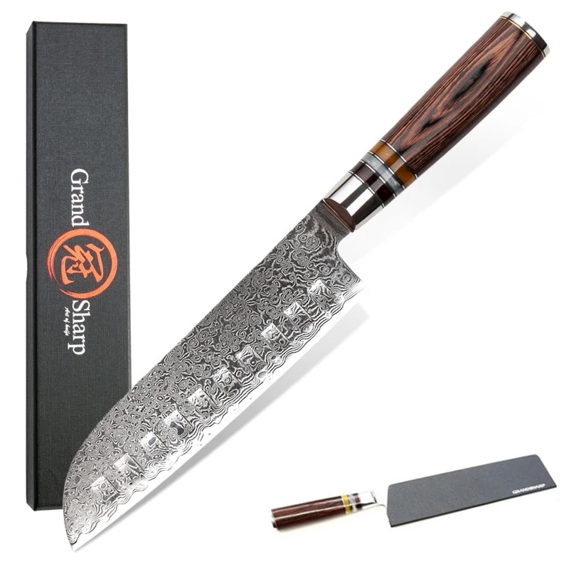 

Grandsharp Damascus Steel Kitchen Knives Santoku 7 Inch vg10 Japanese Damascus 67 Layers Chef Cooking Tools Pakka Wood Handle