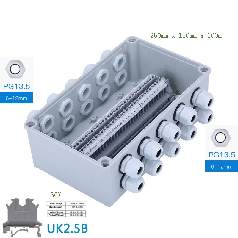 IP65 водонепроницаемая кабельная распределительная коробка 250*150*100 мм с UK2.5B din-рейку клеммные блоки Набор 12 способов - Цвет: 10 in 10 out box kit