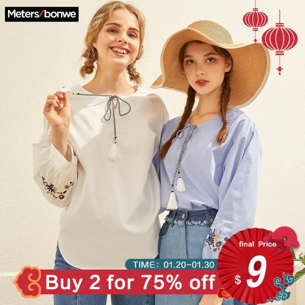  Metersbonwe 2019 Blouses embroidered Blouse Long Sleeve Shirt Female Tops Fashion Cotton Shirt Retr