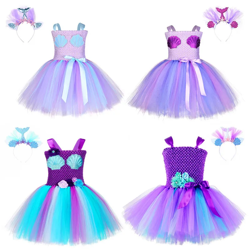 Vestido Sereia Infantil Sirenita Ариэль платье с повязкой на голову Русалочка блесток рыбья чешуя сценический костюм косплей-пачка на Хэллоуин платье