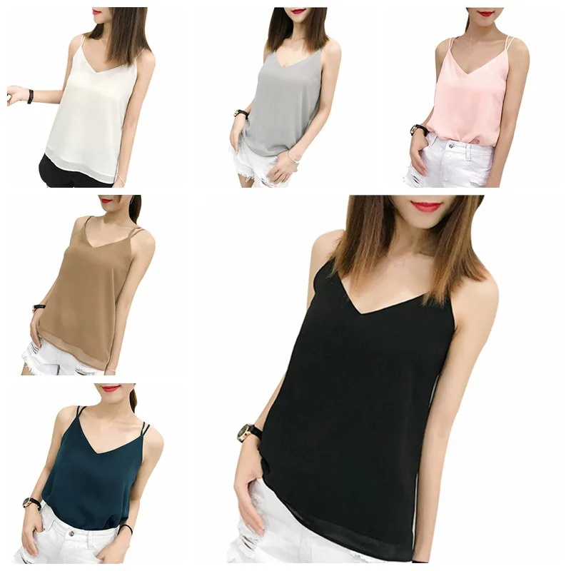 

Women Casual Sleeveless Vest Tank Solid Color Loose Tunic Camis Tops Sexy Crisscross Basic Chiffon V-Neck Camisole