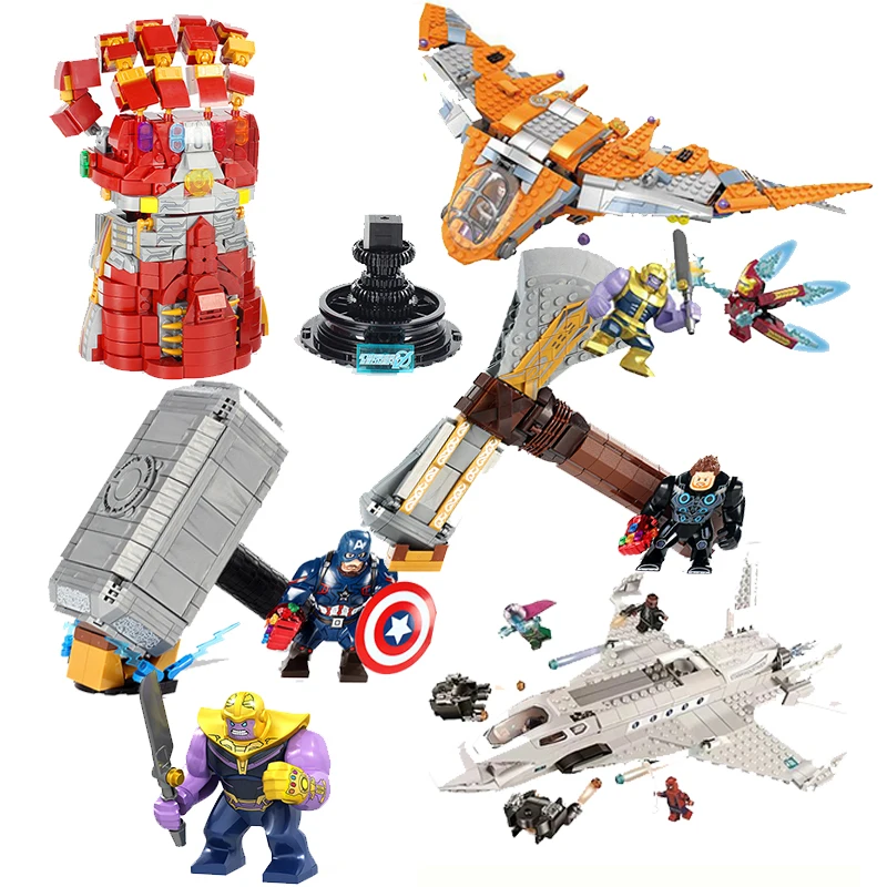 

Building Block Super Heroes Bricks Weapon Mjolnir Stormbreaker Infinity Gauntlet Stark Jet Drone Attack Figures For Children Toy