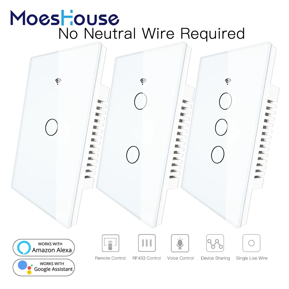 

RF433 WiFi Smart Wall Touch Switch No Neutral Wire Needed Smart Single Wire Wall Switch Work with Alexa Google Home 170-250V