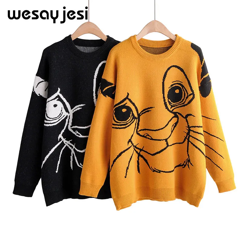 

Lion King Print Sweater Women 2019 Autumn Winter Causal Streetwear Sweater Long Sleeve O Neck Loose Harajuku Sweater Female Top