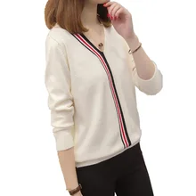 Осенне-зимний Корейский полосатый свитер с v-образным вырезом женский свободный черный свитер и пуловер с длинными рукавами вязаный женский свитер-пуловер