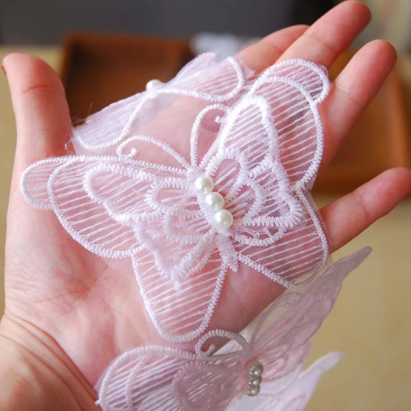 

20Yards Pink White Lace Trim Embroidery Butterfly Pearls DIY Ribbon Fabric 10.5cm Organza Layers Ribbon for Children's Clothing