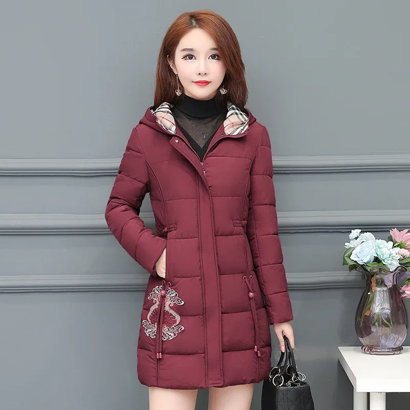 

Embroidered Mid-length Slim Fit Slimming Elegant Warm Cotton Coat Women's