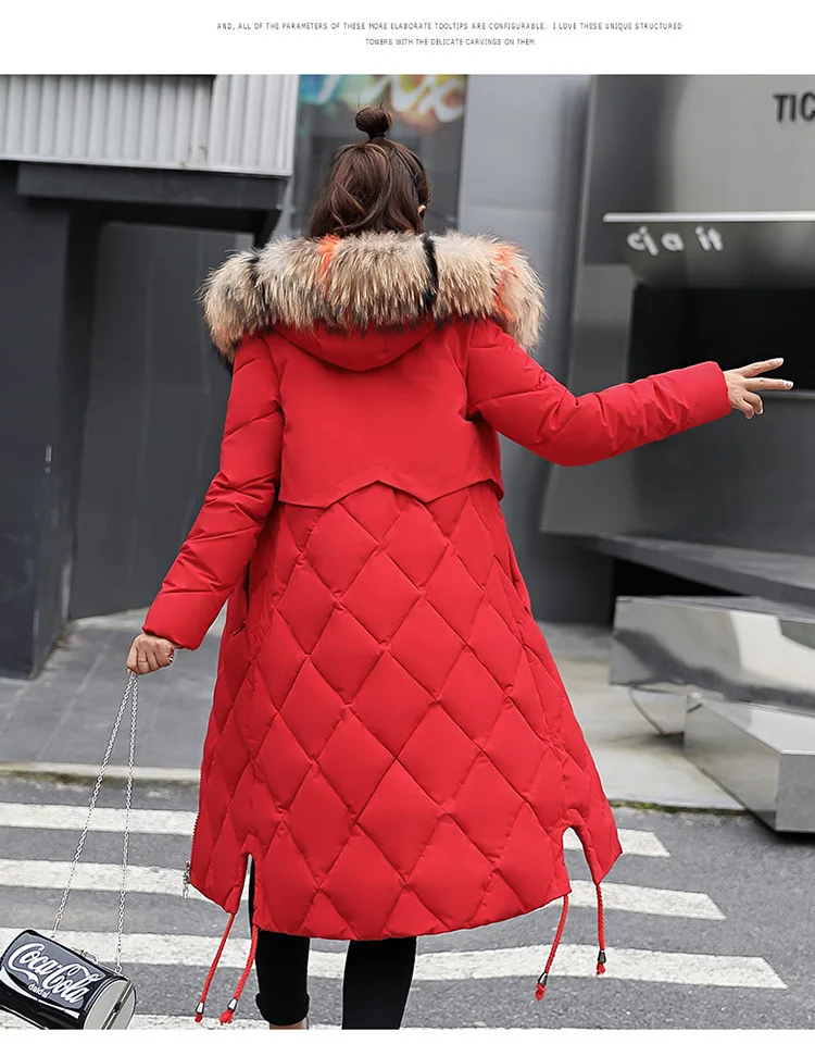 Зима длинный женский большой размер утолщение красивый большой меховой воротник пуховое хлопковое пальто