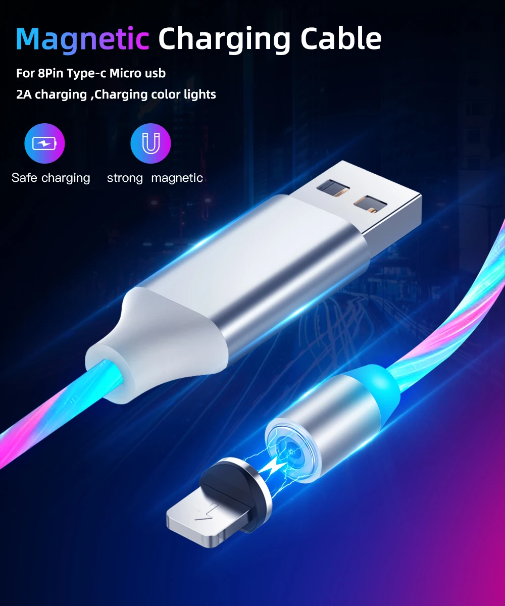 

Magnetic USB Cable Flow Luminous LED Light Cable For iPhone X Micro Type C OPPO Reno2 Z K5 For Huawei for Samsung Charger Magnet