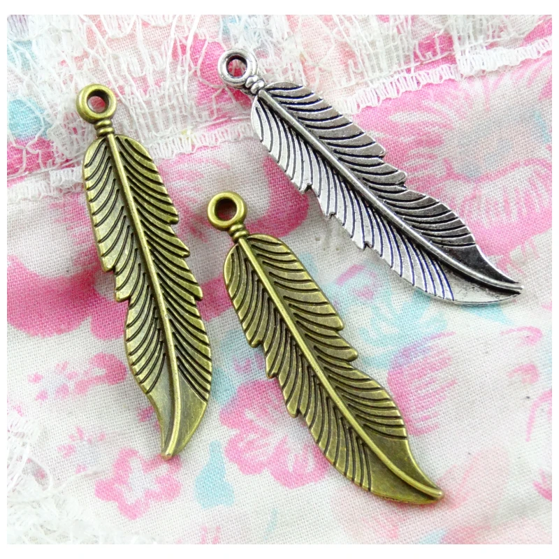 

40Pcs Feather Charms 45.4*11.2MM Antique Silver Plated Bronze Color Pendant Diy Jewelry Accessories