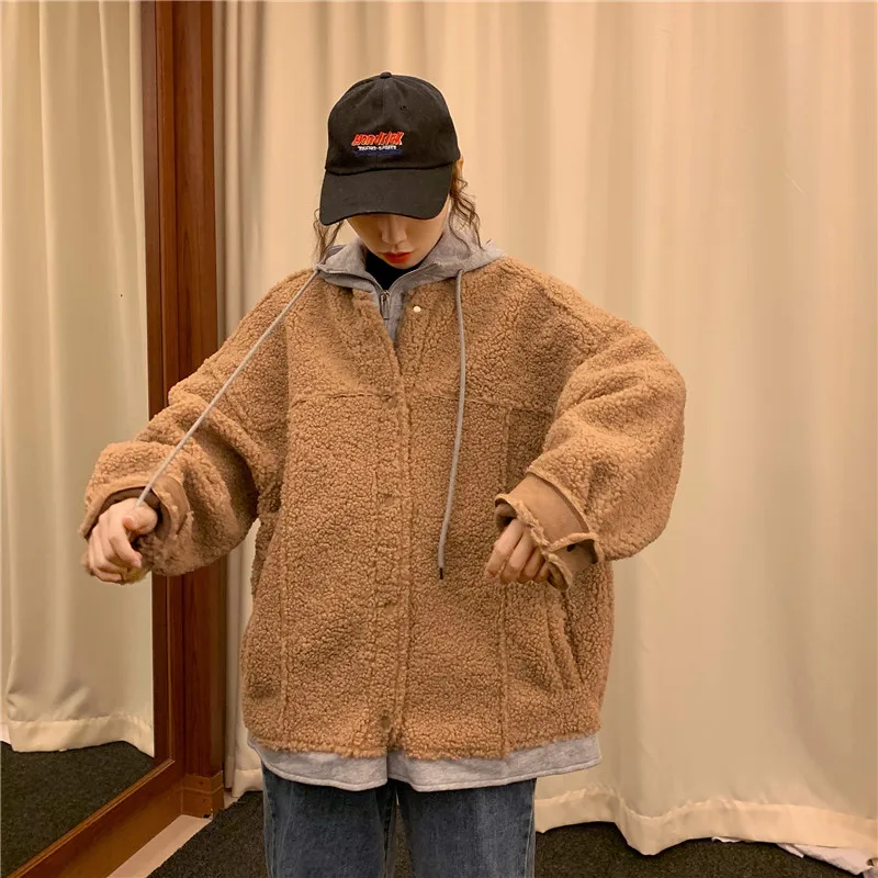Patchwork Hooded Pocket Two Piece Style Thick Plush Coat Winter Faux Fur Lambwool Women Jacket Loose Top Warm Oversized Korean