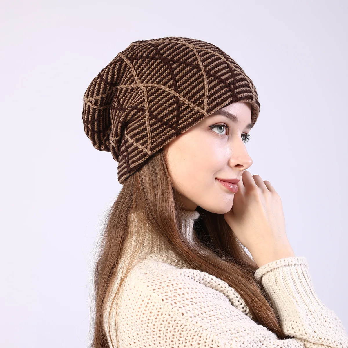 OMEA Diamond Plaid Knitted Beanie Hat for Women Beanies for Ladies Winter Skullies Hat Adjustable Pullover Plus Velvet Beanies
