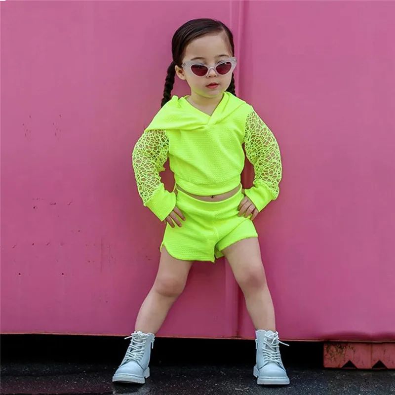 Summer Toddler Kids Baby Girl Clothes Hollow Out Solid Long Sleeve Hodded Tops Shorts Pants 2Pcs Outfits Sport Set |