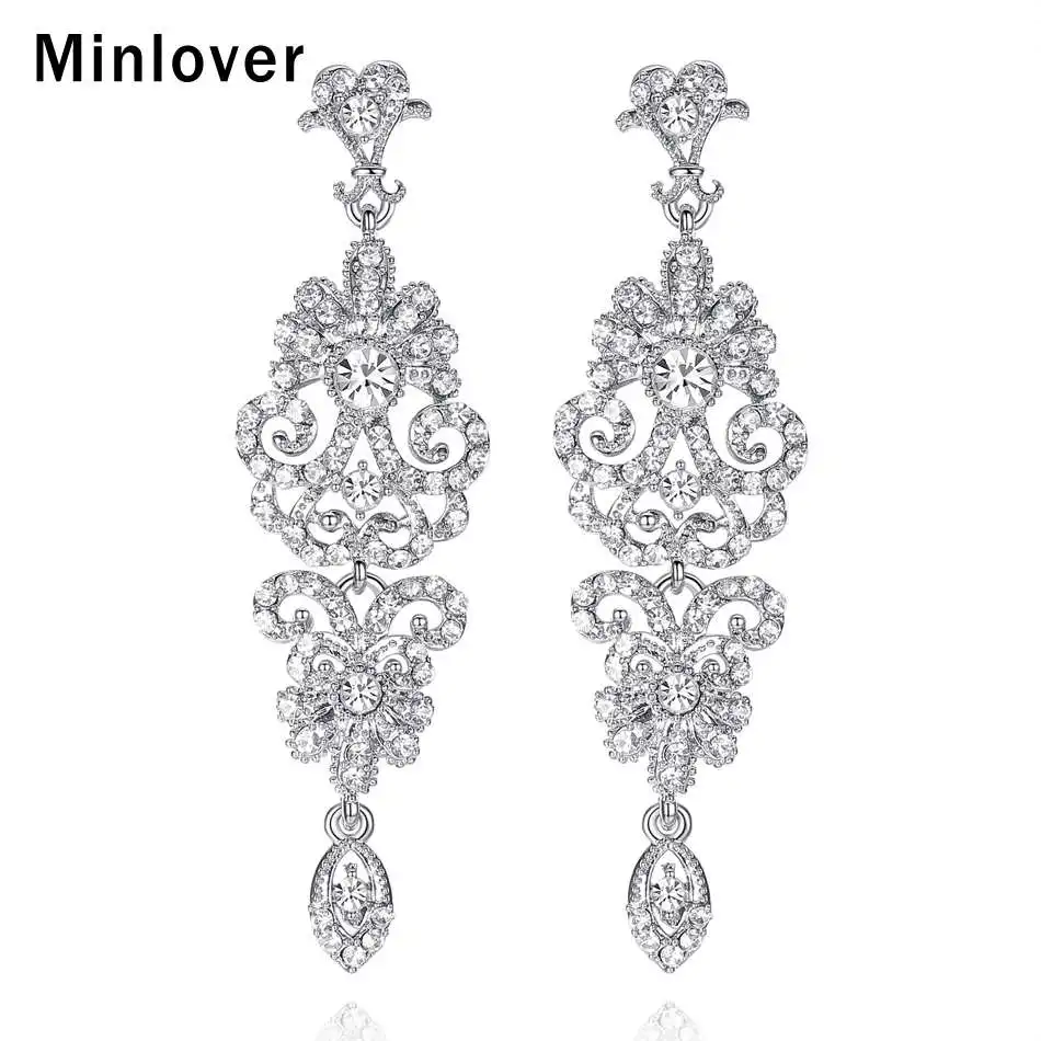 Minlover серебряный цвет кристалл клип на серьги женские аксессуары люстра подружки невесты Висячие серьги Свадебные украшения MEH948