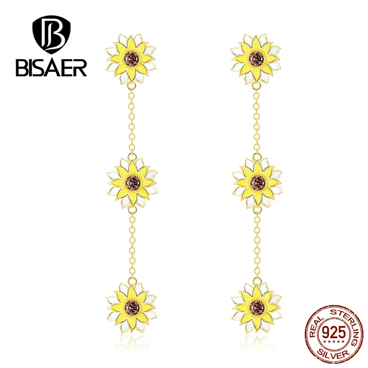 BISAER, серьги-гвоздики, настоящее 925 пробы, серебряные, в форме подсолнуха, серьги для женщин, кубический циркон, модные юбилейные ювелирные изделия HVE187