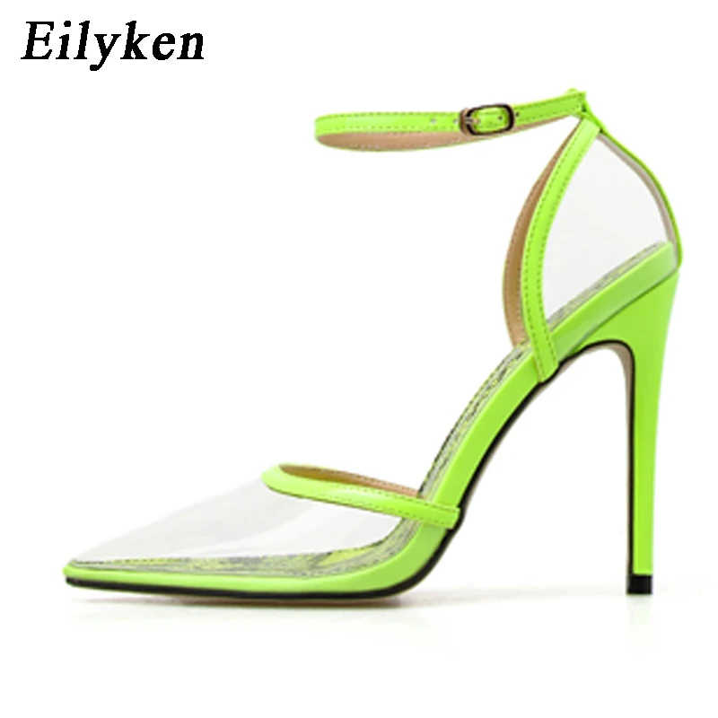 Eilyken, зеленые, Красные босоножки из ПВХ с прозрачными ремешками и пряжками женские вечерние туфли-лодочки для ночного клуба с острым носком, Размеры 35-41