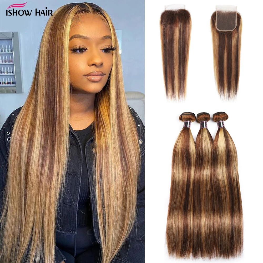 Ishow Highlight Ombre Bundles With Closure Brazilian Bone Straight