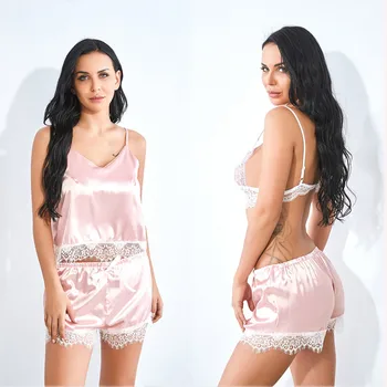 

Womens Pajamas Satin Lace Trim Sexy Lingerie Nightwear Underwear Sleepwear 3PC Suit Pajama Sets For Ladies Pijama Mujer