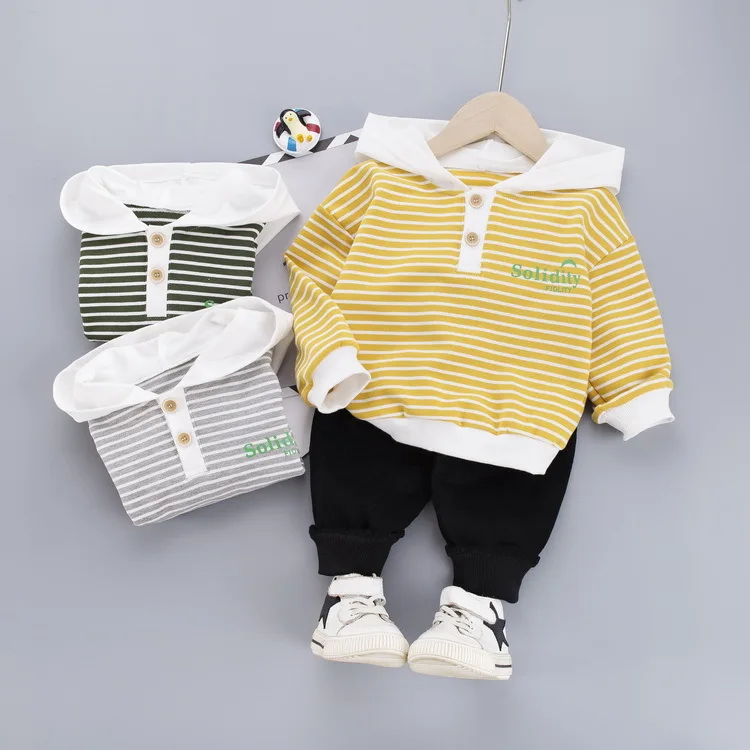 

Children Suits 2020 Autumn New Hooded Kids Striped Tops Clothes Set 1 2 3 4 Years Baby Clothing Outfit Toddler Boy Clothing Set