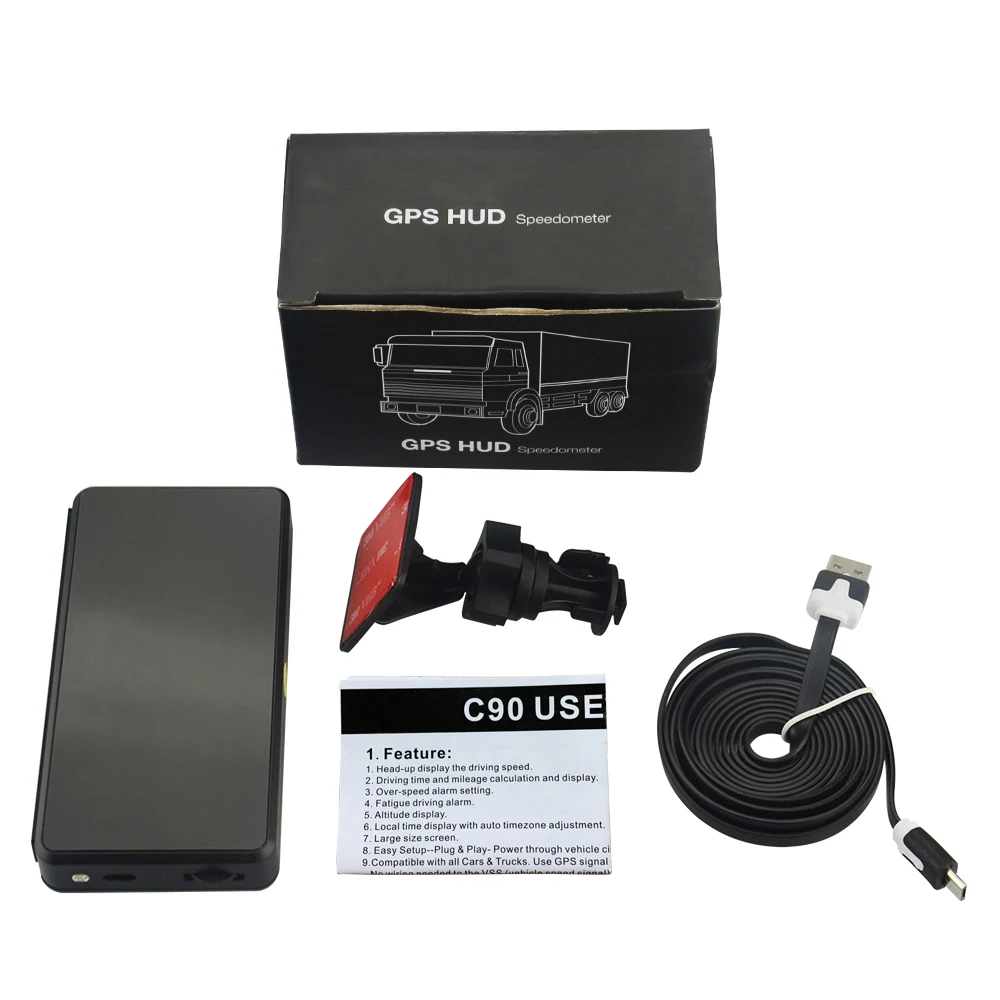 black with box C90 gps Спидометр hud Дисплей автомобильный hud Автомобильный цифровой gps Спидометр Авто Hud Head up дисплей метр большой экран для автомобиля - Цвет: black with box
