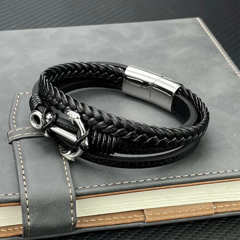 Fashion Charm Cross Men Bracelet Multilayer Leather Bracelet Punk Jewelry Stainless Steel Magnetic Clasp Bangles Boho bracelet jewelry