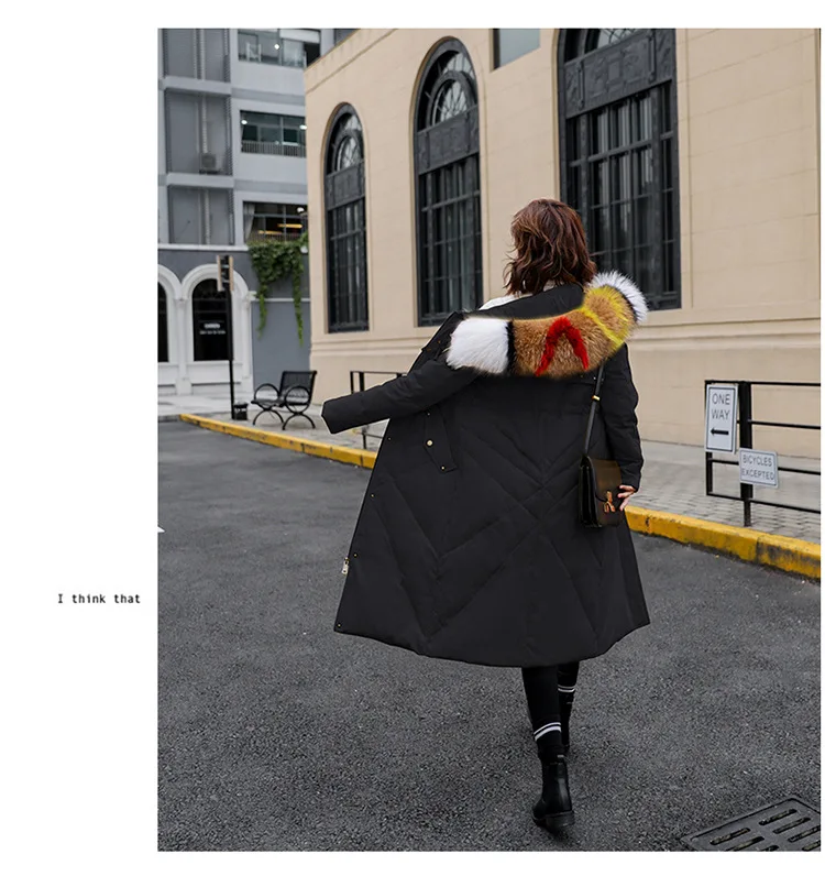 Down Jacket Women's New Style Mid-length-Style White Duck down Korean-style Large Fur Collar Loose-Fit Embroidered Warm Coa