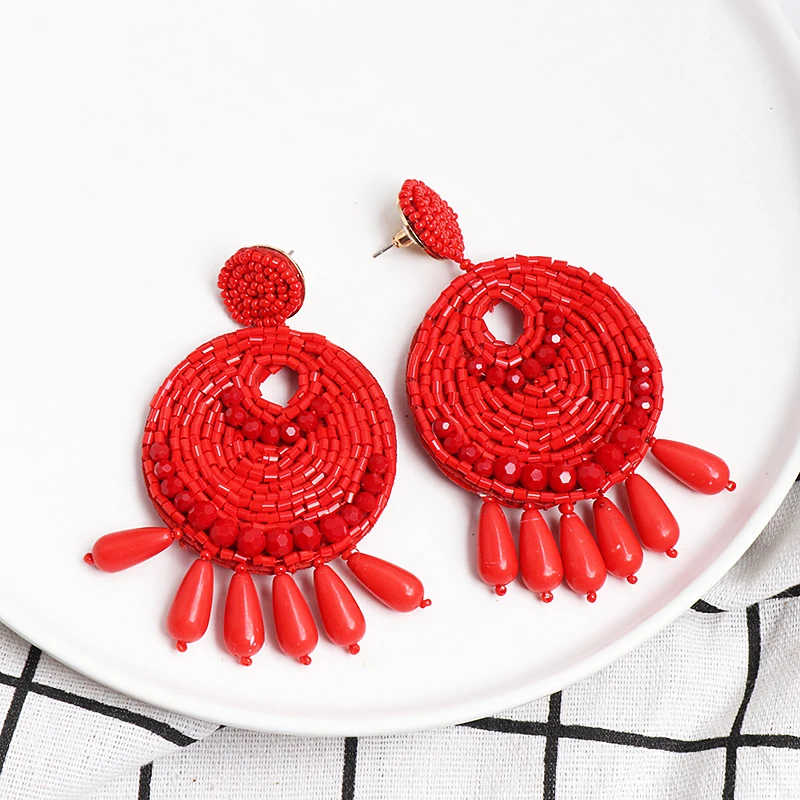 

FASHIONSNOOPS Tassel Big Drop Earrings For Woman Ethnic Resin Beads Handmade Round Boho Woman Earrings Statement Oorbellen