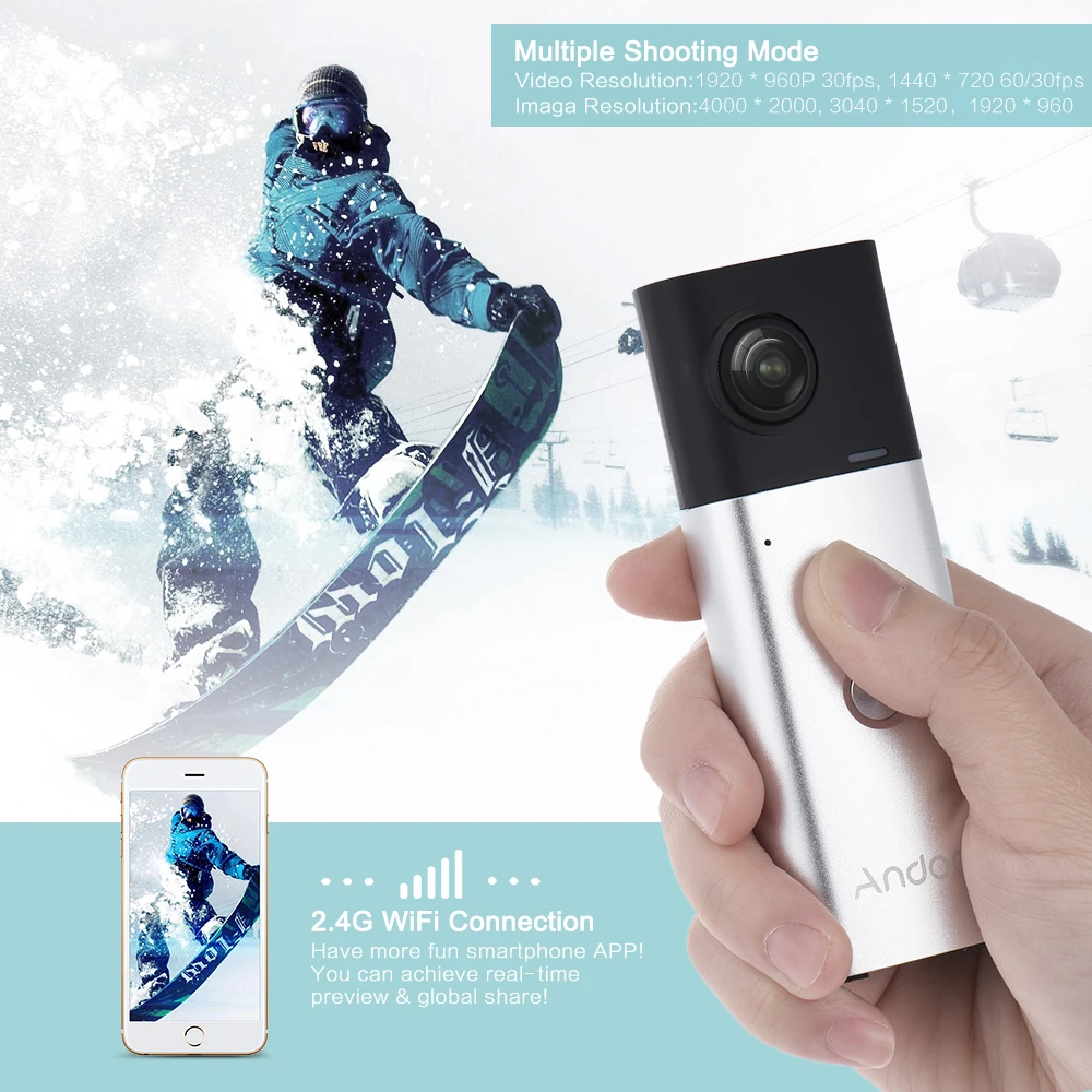 Andoer A360I ручная 360 камера панорамная WiFi 360 Видеокамера экшн Спортивная камера двойной 200D Сферический Объектив 1920*960 Full HD