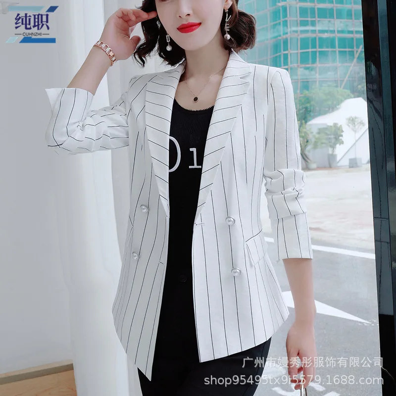 

Stripes Suit Jacket Women's Spring And Autumn 2019 New Style White Elegant Casual Large Size Short Suit Tops Fashion