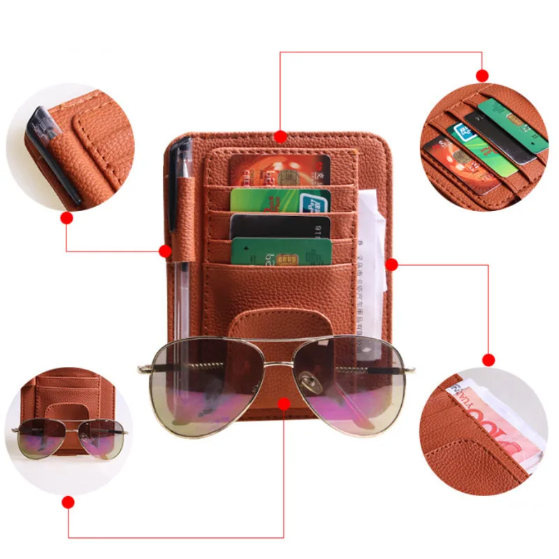 3 Color PU Car ID Storage Pen Bag With Vehicle Sun Visor Sunglasses Eyeglasses Glasses Holder Storage Clip Credit Card Package