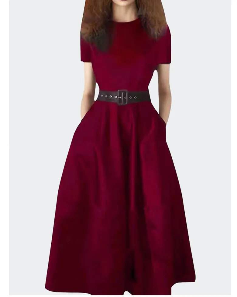 Noble Fashion Women Dresses O Neck Ball Gown Mid Waist Pockets Long Dresses Solid Color Street Casual Office Lady Dresses Z2703